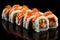 Sushi roll with salmon, avocado and cucumber on black background, Artistic recreation sushi rolls with salmon and white rice with
