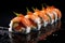 Sushi roll with salmon, avocado, and cucumber on black background, Artistic recreation sushi rolls with salmon and white rice with