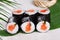 Sushi roll salmon chives mini kappa maki in the