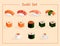 Sushi and roll set such as nigiri, gunkan maki, uramaki, futomaki, hosomaki. Vector illustrations of traditional