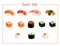 Sushi and roll set such as nigiri, gunkan maki, uramaki, futomaki, hosomaki. Vector illustrations of traditional