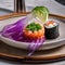 A sushi roll shaped like a jellyfish, with translucent avocado tentacles1