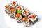 Sushi roll with shrimp, flying fish roe, salmon and black sesame