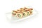 Sushi roll tempura on white background isolated Yin Yang tuna salmon unagi