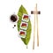 Sushi rolls on banana leaf with chopsticks and soy sauce. View from above. Watercolor food illustration. Glamorous food