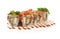 Sushi rolls with banana, salmon, eel fish, wakame seaweed