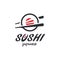 Sushi and rolls with chopstick bar or restaurant vector logo template. Japanese or chinese traditional cuisine, tasty