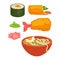 Sushi rolls and Japanese cuisine food snacks vector flat icons