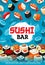 Sushi rolls and nigiri with rice, fish and seafood