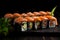 Sushi rolls with salmon and avocado on black stone dish close-up. Dark background. Still life. Food background. Image is AI