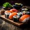 Sushi rolls with salmon, avocado, cream cheese and cucumber. Sushi rolls on wooden table in restaurant, shallow depth of field.