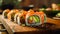 Sushi rolls with salmon, avocado, cream cheese and cucumber. Sushi rolls on wooden table in restaurant, shallow depth of field.