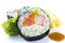 Sushi rolls with seaweed and chopsticks and wasabi