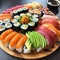 Sushi and rolls on the table in close-up.