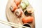sushi rolls wood board japanese cuisine restaurant