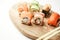 sushi rolls wood board japanese cuisine restaurant