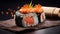 Sushi With Salmon And Raw Fish On Dark Background