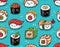 Sushi and sashimi seamless pattern in kawaii style. Vector illustration