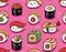 Sushi and sashimi seamless pattern in kawaii style. Vector illustration