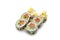 Sushi set, 6 piece. Tempura futomaki with salmon, cucumber, oshinko, isolated. Packshot photo for restaurant menu.