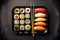 sushi set of assorted sashimi rolls and sushi with sticks on tray