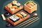 Sushi set of assorted sashimi rolls and sushi with sticks on tray