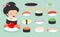 Sushi set, cute japanese Girl in kimono holding with sushi, cute sushi set, Japanese food, sushi icons,Girl with Sushi