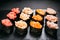 Sushi set gunkan maki with salmon, tuna and prawn