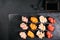 Sushi set gunkan maki with salmon, tuna and prawn