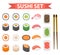 Sushi set icons, element for design, flat style. Japanese rolls, wasabi, soy sauce, ginger, chopsticks on white