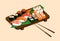 Sushi set and roll on a wooden tray and a green leaf. Nigiri, gunkan maki, uramaki, futomaki, hosomaki. Vector