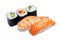Sushi set with salmon and shrimp, and cucumber rolls on a white