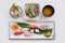 Sushi Set Served with Japanese Steamed Egg, Salad, Miso Soup. and Mixed Sushi