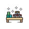 Sushi set on small desk, japanese cuisine flat color line icon.