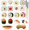 Sushi set with soy sauce and chopsticks. Vector illustration.