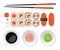 Sushi set. Top view of classic sushi set rolls with salmon, chop
