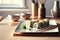 Sushi Set in a white plate, on a white table kitchen. Japanese seafood sushi set. generative AI