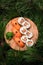 Sushi set on a wooden plate with fir branches on the background. Christmas and New Year celebration table