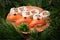 Sushi set on a wooden plate with fir branches on the background. Christmas and New Year celebration table