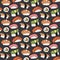 Sushi sketch. Seamless pattern with hand-drawn cartoon japanese food icon - sushi with fish and avocado. Vector