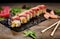 Sushi on sloppy lubricate stone plate. Focus on details. Front view. Chopsticks on wooden table. Blurred background.