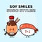 Sushi and soy sauce character. Vector hand drawn cartoon kawaii characters, illustration icon. Funny cartoon happy Sushi