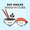 Sushi and soy sauce character. Vector hand drawn cartoon kawaii characters, illustration icon. Funny cartoon happy Sushi