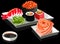 Sushi on square plates on black background, vector illustration