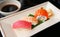 Sushi tuna, sushi shrimp, sushi salmon, Japanese food, selected focus at sushi tuna