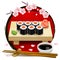 Sushi on wooden tray. Red symbol of Japan and sakura. Chopsticks, wasabi, soy sauce, ginger. Vector clip art illustration