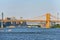 Suspended Brooklyn Bridge across Lower Manhattan and Brooklyn. N