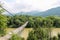 Suspended wooden bridge across Schodnica river