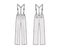 Suspender Pants Dungarees technical fashion illustration with full length, low waist, rise, pocket. Flat apparel garment