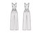 Suspender Pants Dungarees technical fashion illustration with full length, normal waist, high rise, pocket. Flat apparel